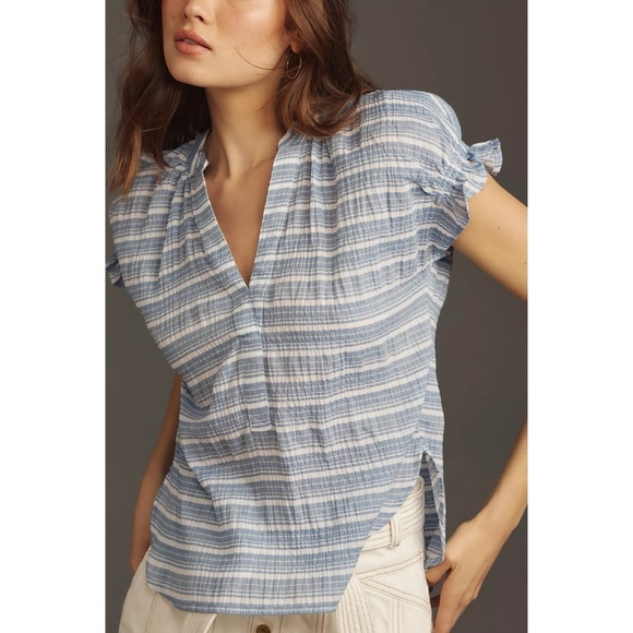 Anthropologie Pilcro The Tatum Flutter Sleeve Blouse Striped Sailor Edition XL - Picture 1 of 15